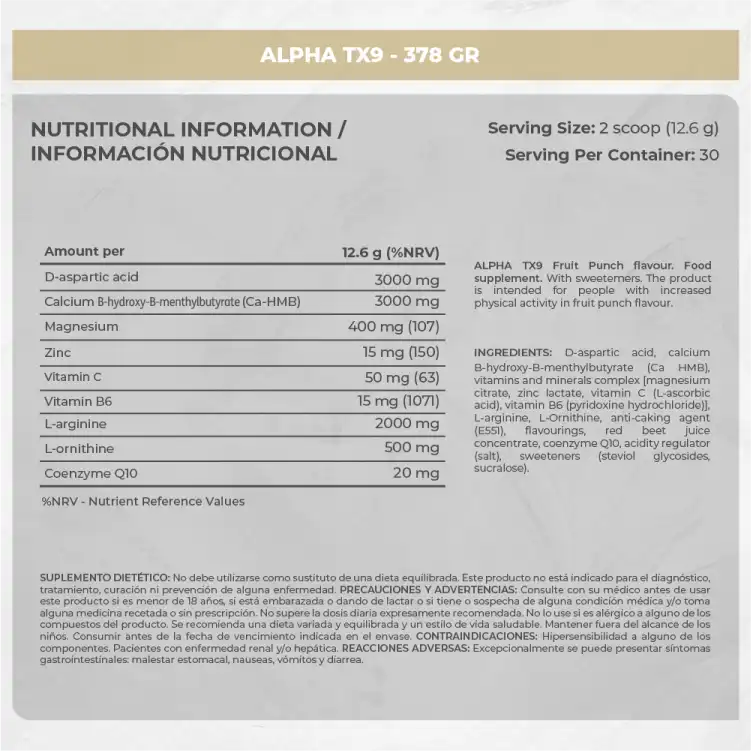 ALPHA TX9 - Suplemento Nutricional 378 gr Etiqueta de suplemento ALPHA TX9 con información nutricional detallada
