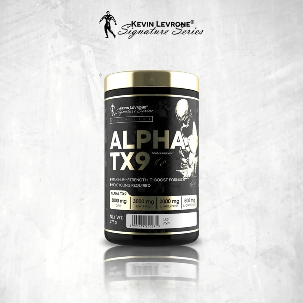 Suplemento ALPHA TX9 de Kevin Levrone para aumentar testosterona Envase de suplemento ALPHA TX9 de Kevin Levrone para potenciar testosterona test booster Alpha TX9