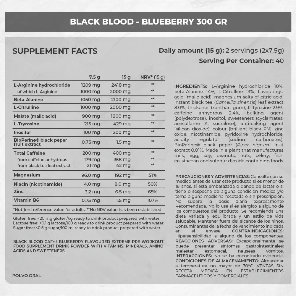 Etiqueta de BLACK BLOOD Blueberry 300g con información nutricional