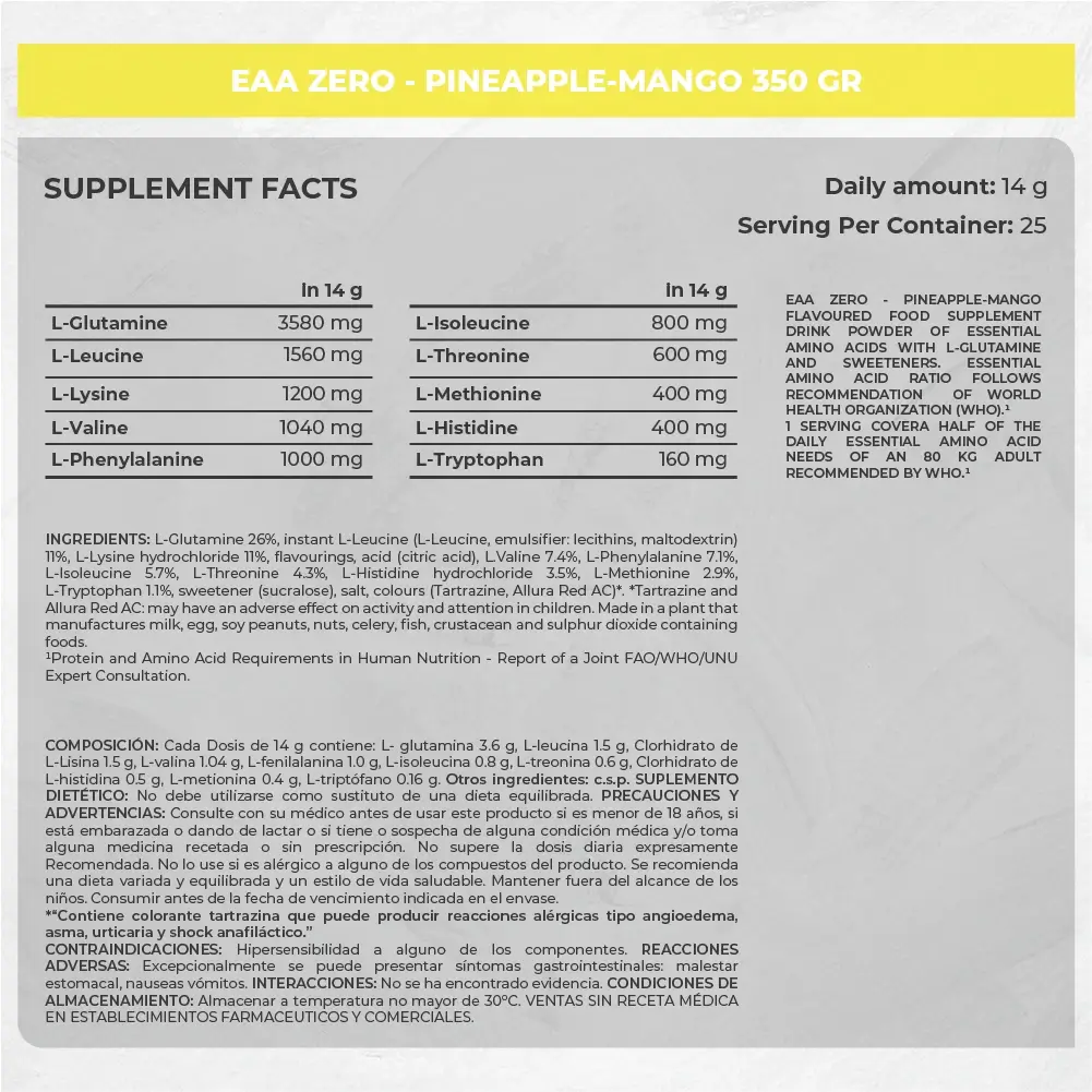 EAA Zero Piña-Mango 350g - Suplemento de Aminoácidos Esenciales Etiqueta de EAA Zero sabor piña-mango con información nutricional