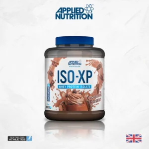 Envase de proteína en polvo ISO-XP sabor chocolate con tapa azul aislado de proteína de suero