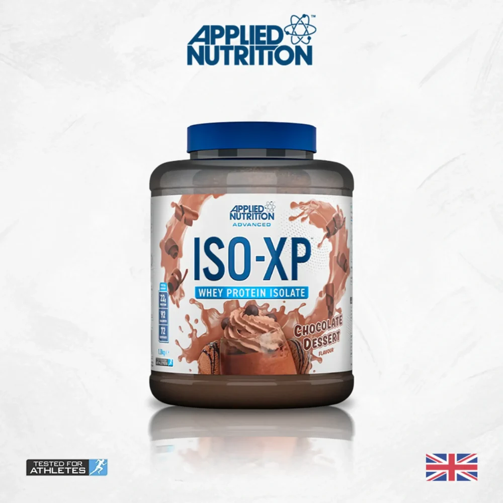 ISO-XP Chocolate Dessert 1.8 kg - Proteína Aislada Envase de proteína en polvo ISO-XP sabor chocolate con tapa azul aislado de proteína de suero