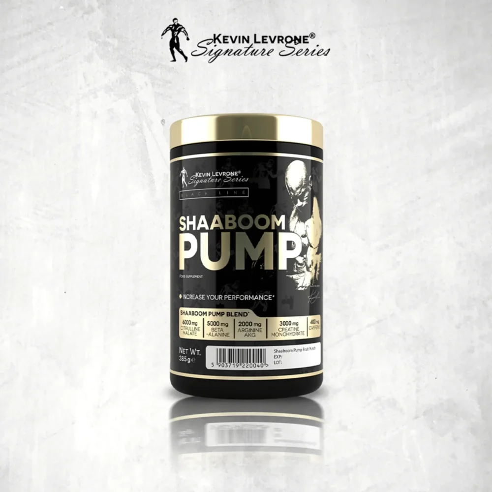 SHAABOOM PUMP - Suplemento de Rendimiento Kevin Levrone Envase de SHAABOOM PUMP con diseño moderno y texto visible