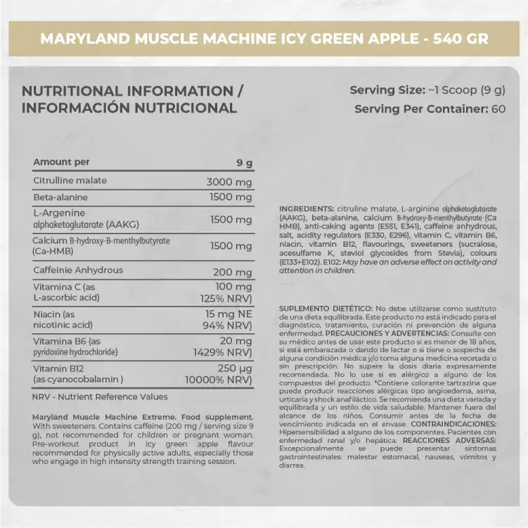 Suplemento Maryland Muscle Machine Icy Green Apple 540g Etiqueta de Maryland Muscle Machine Icy Green Apple con información nutricional